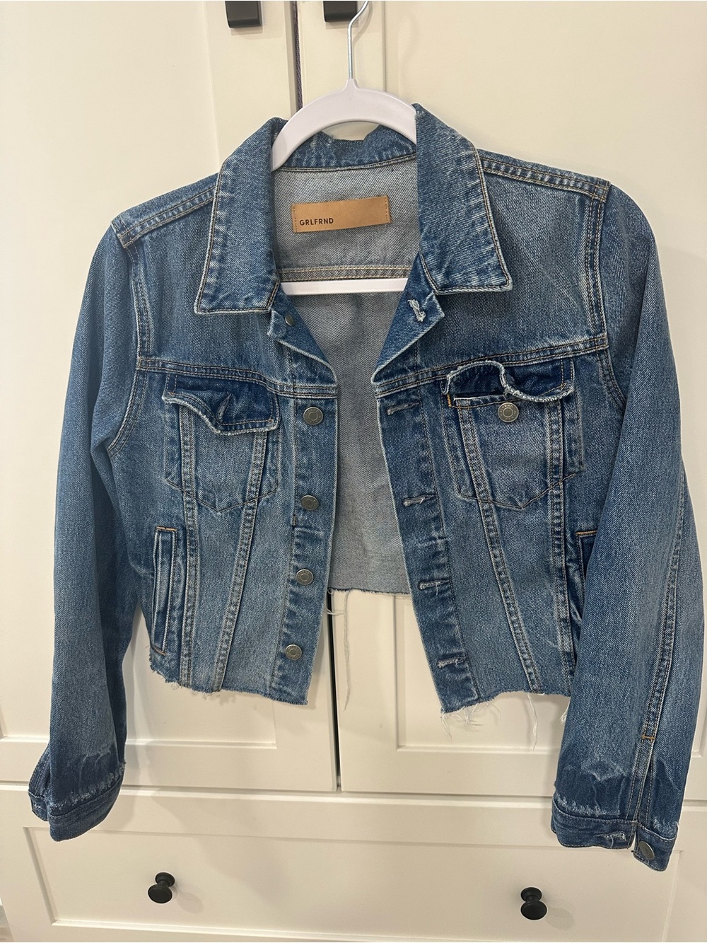 GRLFRND Distressed Mid-Blue Cropped Denim Jacket